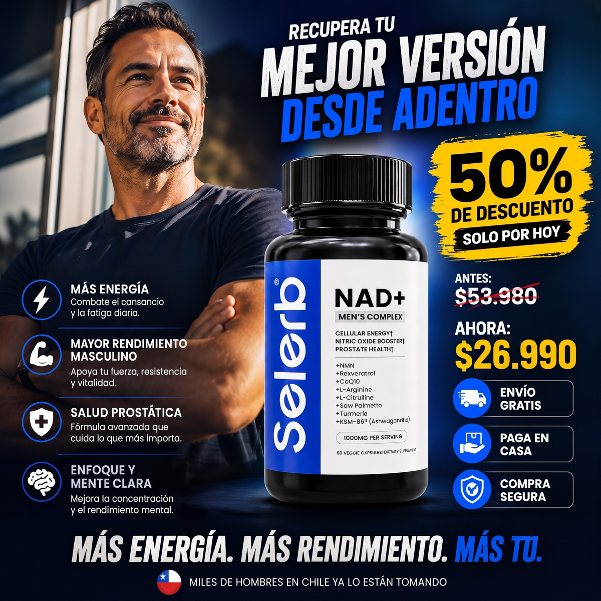 Recupera tu energía, rendimiento y vitalidad cada día - Selerb Mens NAD+