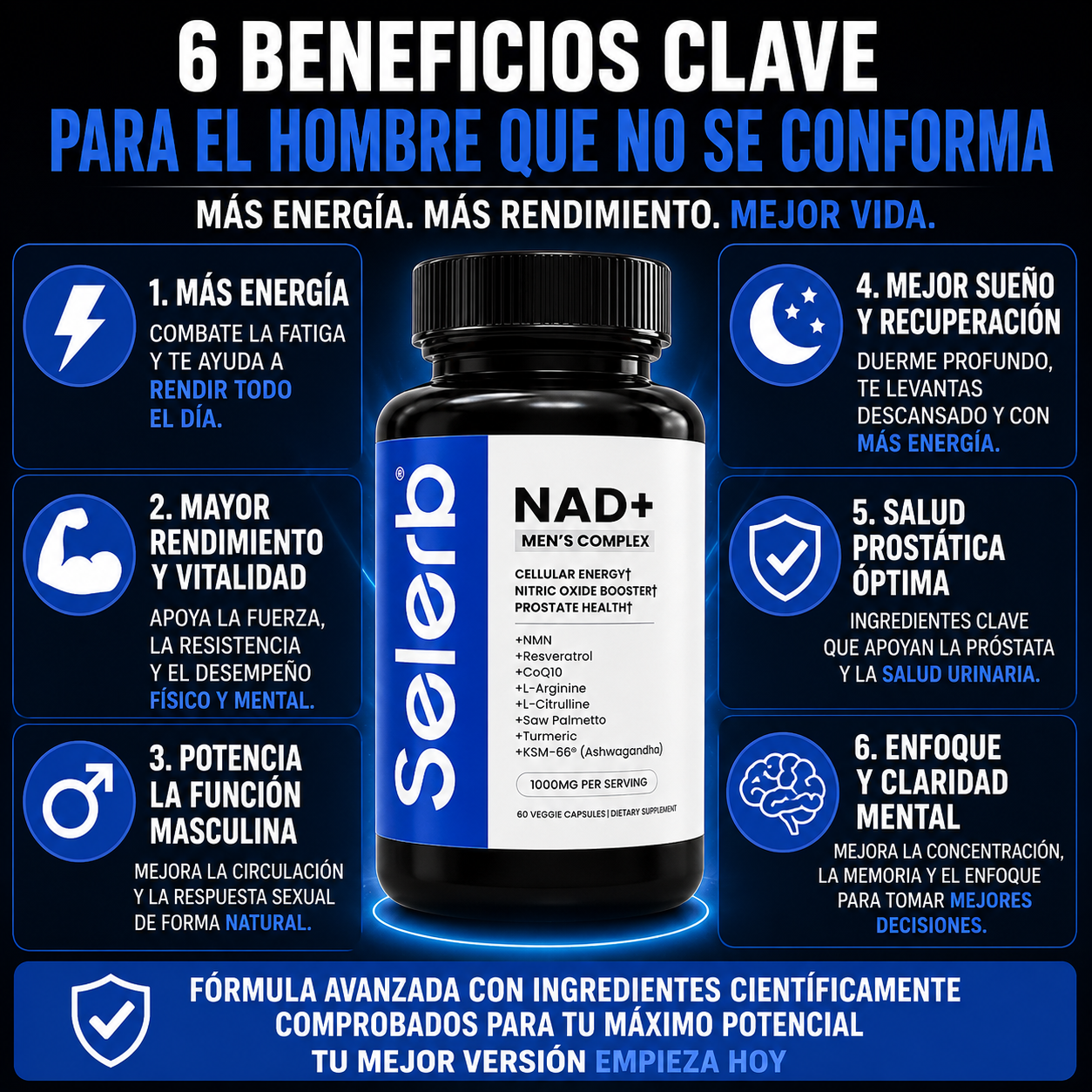 Recupera tu energía, rendimiento y vitalidad cada día - Selerb Mens NAD+