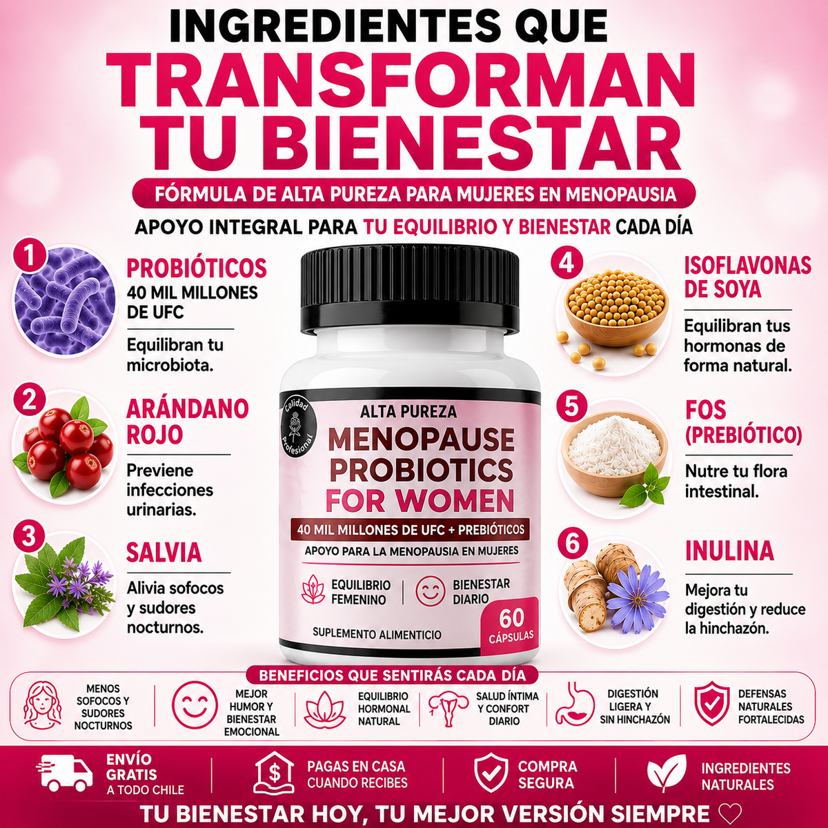 Menos sofocos, menos hinchazón y noches más tranquilas para despertar con más energía, sentirte mejor y disfrutar cada día con mayor bienestar.
